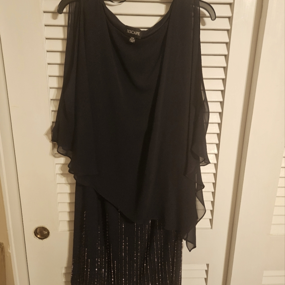 Xscape Blue Beaded Dress size 16W built in shawl/cape, stunning cocktail formal